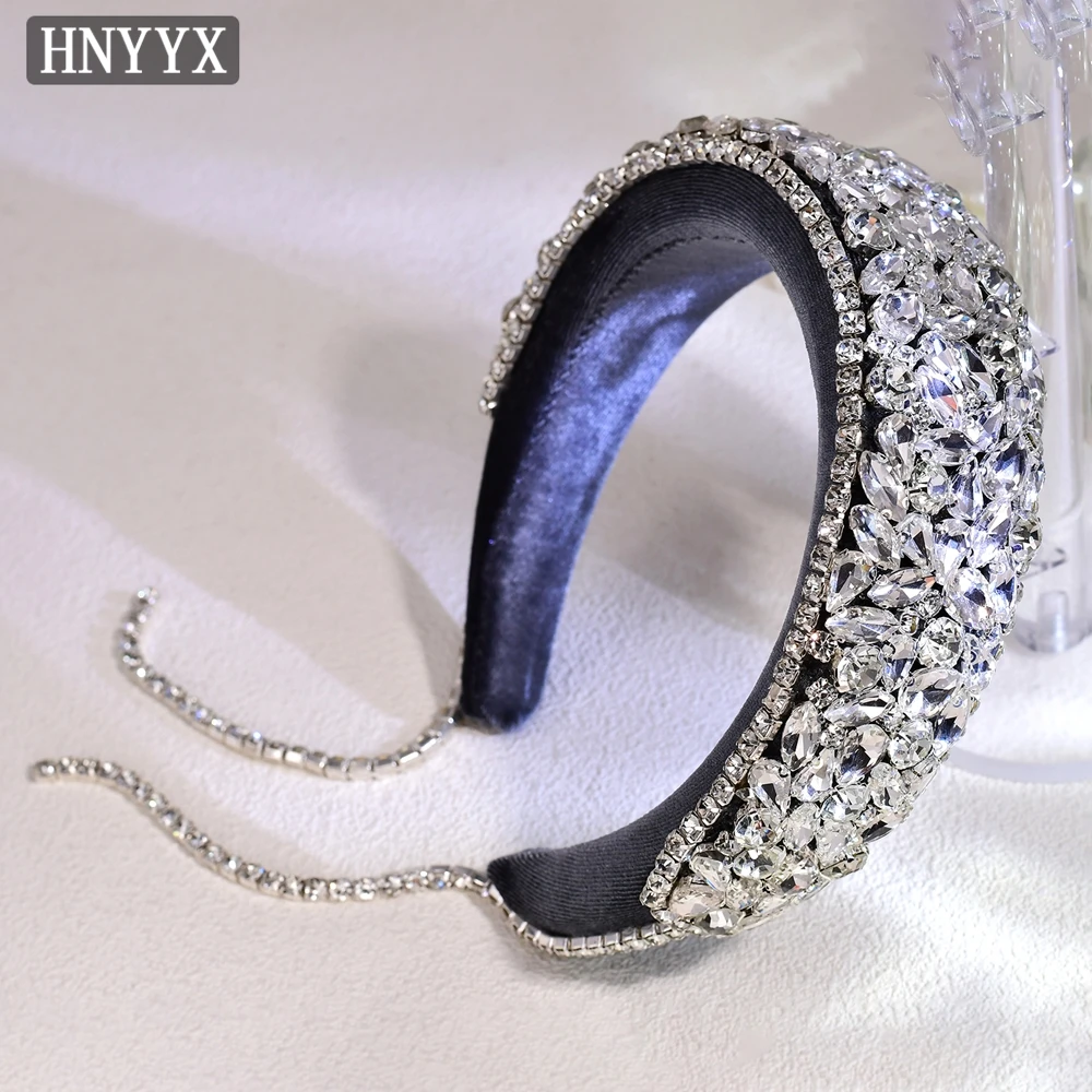 HNYYX Fashion Baroque Rhinestone Headband Sparkly Women Full Crystal Padded Headpiece Luxury Tassel Wide Hair Accessories A238