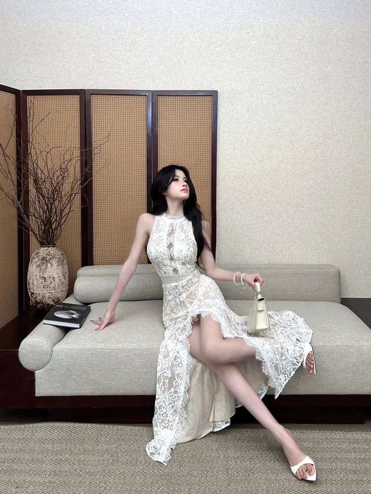 

Women Black White Lace High Waist Sleeveless Evening Long Dress Summer Sexy Hollow Out Off Shoulder Slim Vest Dress Fashion Chic