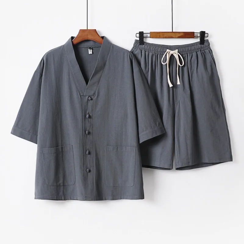 Men Chinese Linen Cotton 2‑Pcs Tang Outfit Plus Size Frog Button Half Sleeve Set Elastic Waist for Tai Chi Meditation Daily Wear