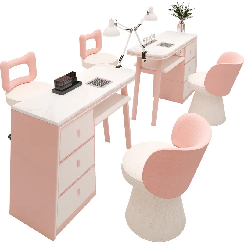 #High End Cream Style Nail Art Table and Chair Set with Marble Tabletop and Built-in Vacuum Cleaner for Nail Repair