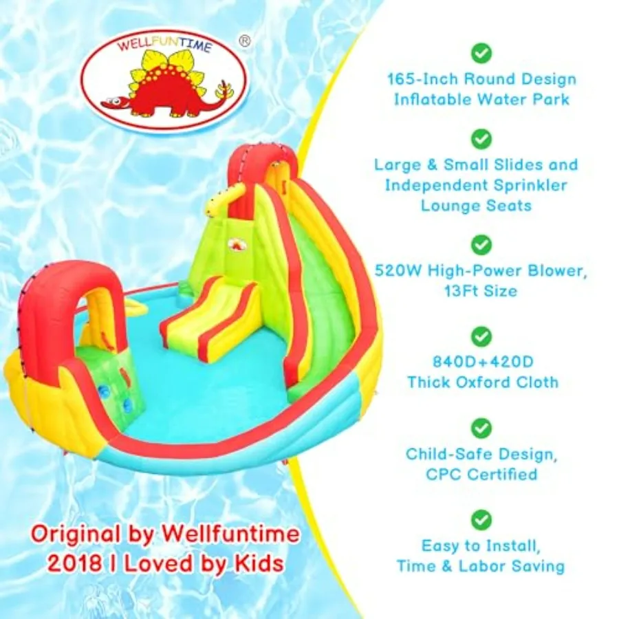 Inflatable Water Park for outdoor use, PVC material, blue and yellow color, includes blower, 2 slides, climbing wall, water gun