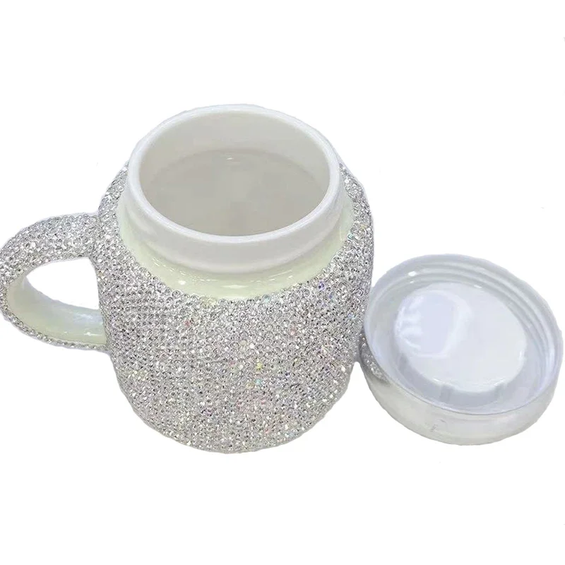 Sparkling Rhinestones Coffee Mug Cup with Lid with Handle Bling Ceramic Tea Cup Mugs Tumbler Water Bottle Glitter Gifts