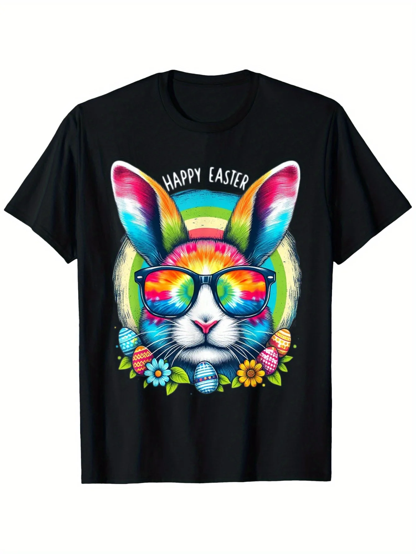 

Tie Dye Bunny Sunglasses Graphic Tee Happy Easter Short Sleeve Casual Crew Neck Cotton T-Shirt