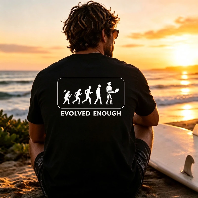 T-shirt imprimé au dos avec motif d'évolution robotique, motif « Men Evolved Enough », cadeau amusant pour les passionnés de science, coupe ajustée, col rond, manches courtes, style Y2K.