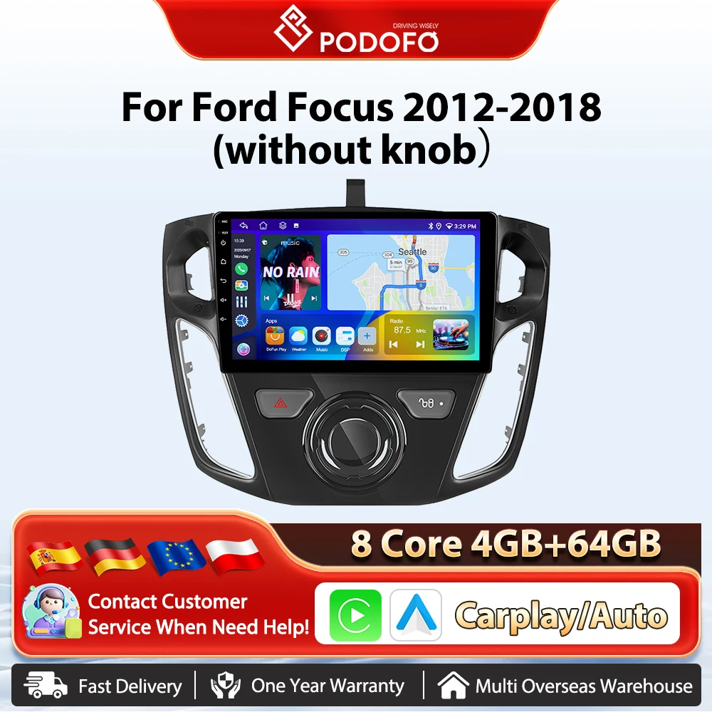 Podofo 9'' Wireless Carplay Android Auto Radio For Ford Focus 2012-2018 Car Intelligent Systems GPS Navigation BT FM/RDS 2din Autoradio Plug&Play Head Unit SWC Car Multimedia Stereo Wifi Multimedia Stereo EQ Mirrorlink USB