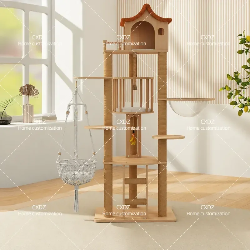 Cat Tree with Hanging Basket and Sisal Scratching Post Solid Wood Cat Climbing Frame Space Saving Capsule Nest for Large Cats