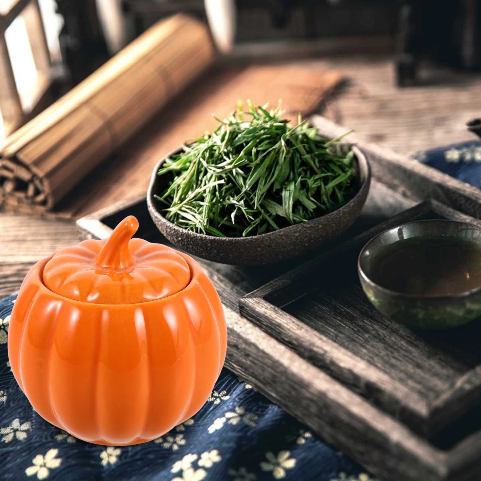 

Pumpkin Shape Ceramic Airtight Tea Jar Halloween Cookie Sugar Candy Storage Canister Seasonal Kitchen Container