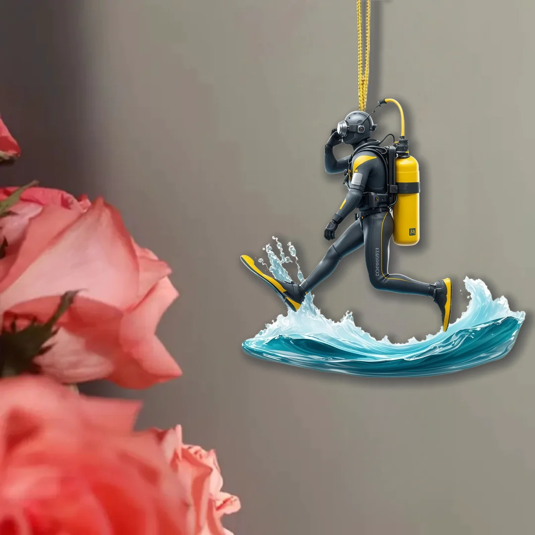 2D Diver With Waves Keychain Diving Theme Acrylic Pendant Fun Ornament Charms Hanging Decoration for Car Bag Festive Party Gifts