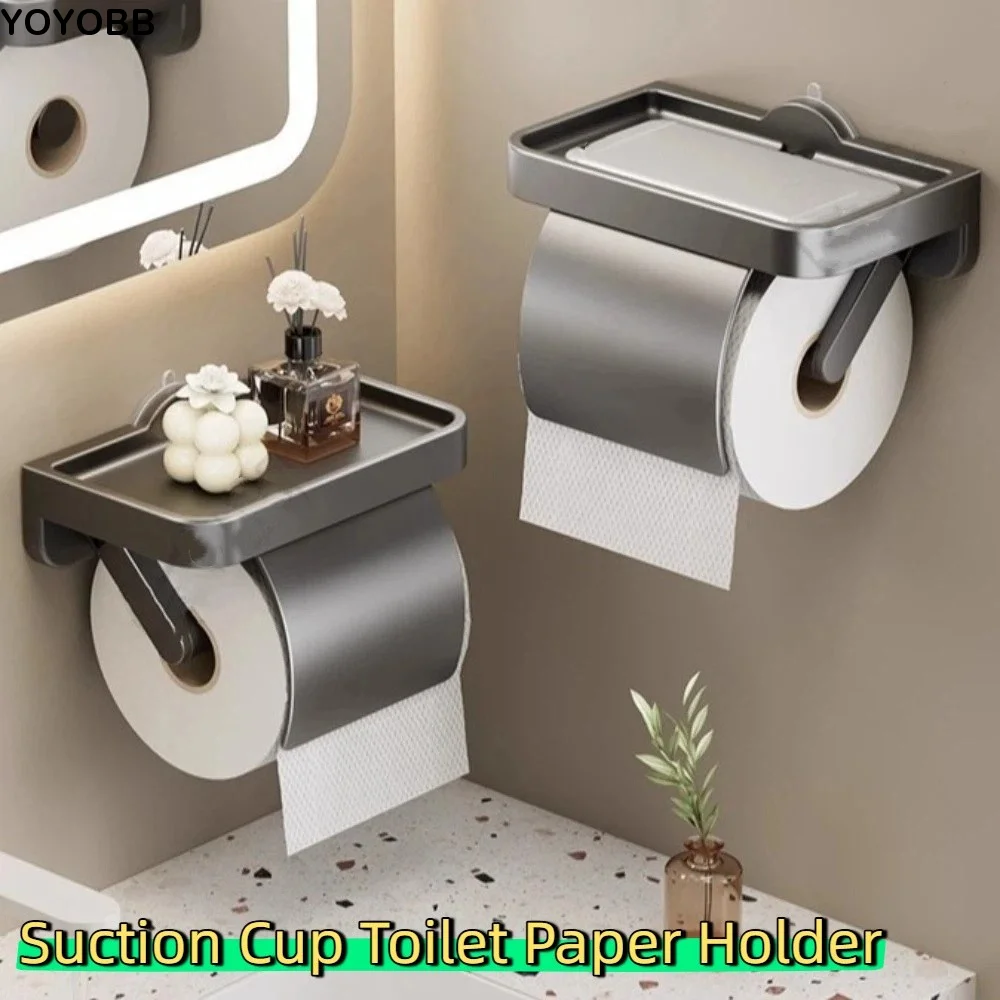 

Wall-Mounted Suction Cup Toilet Paper Holder Space Saving Rustproof Paper Roll Storage Shelf Phone Storage Tray No-Drill
