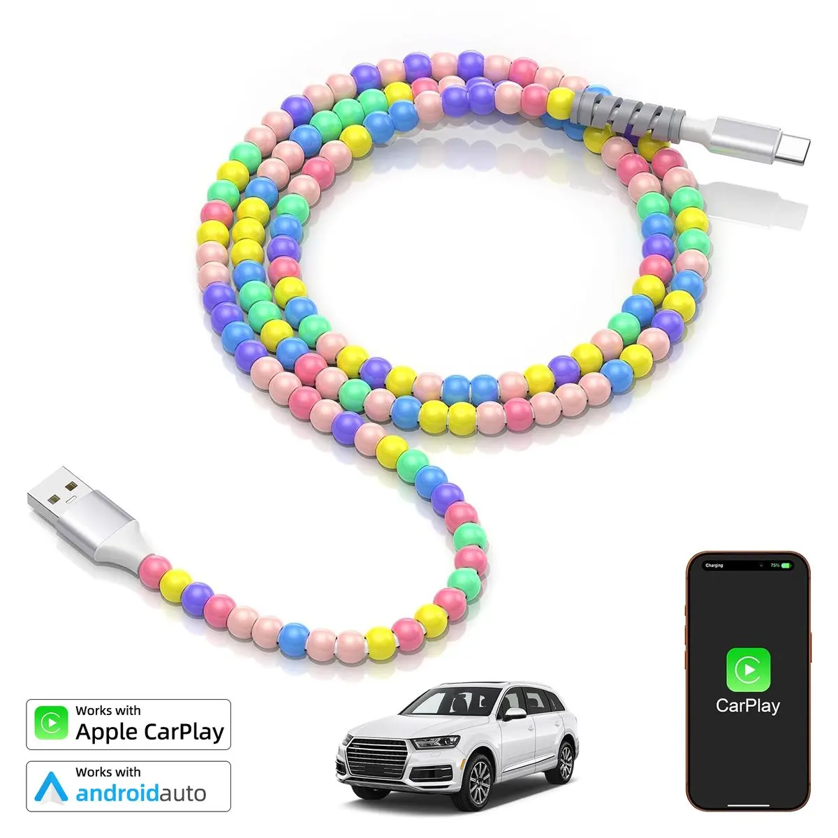 USB C Carplay Fast Charging Cable for iPhone 17 16 15 Samsung Type C Android Auto Candy-colored Beads Cable Cute Girl Women Gift