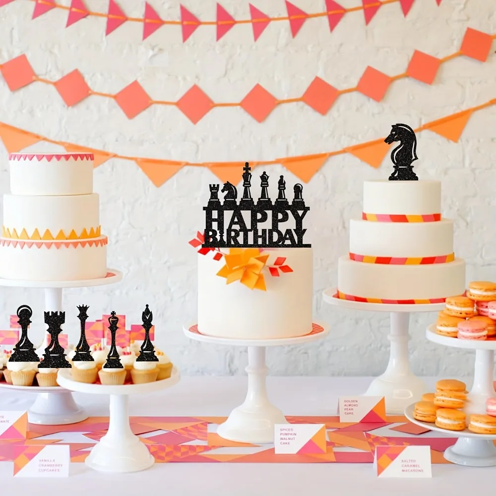 13-teiliges Schach-Kuchendekorations-Set, Schach-Geburtstags-Kuchenaufsätze, Schwarze Schach-Themen-Kuchendekoration für Babyparty und Geburtstagsfeier – Detail 3