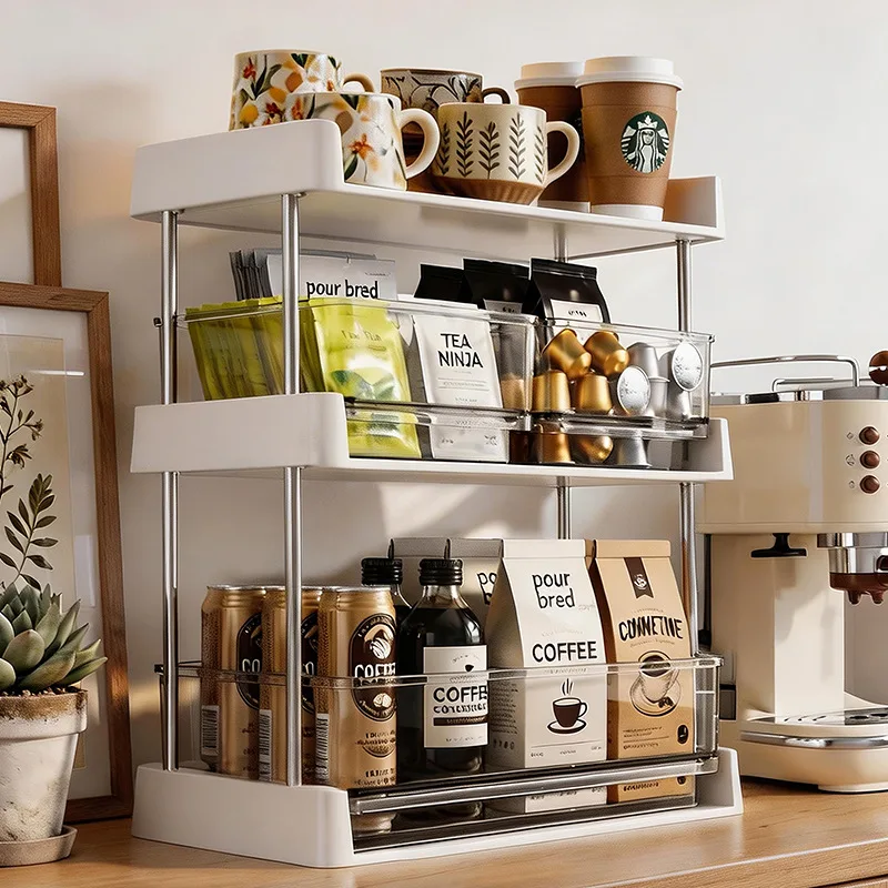 Desktop Coffee Station Organizer With Drawer Multi Layer Countertop Storage Rack For Tea Bag Mug Spice Kitchen Table Decor