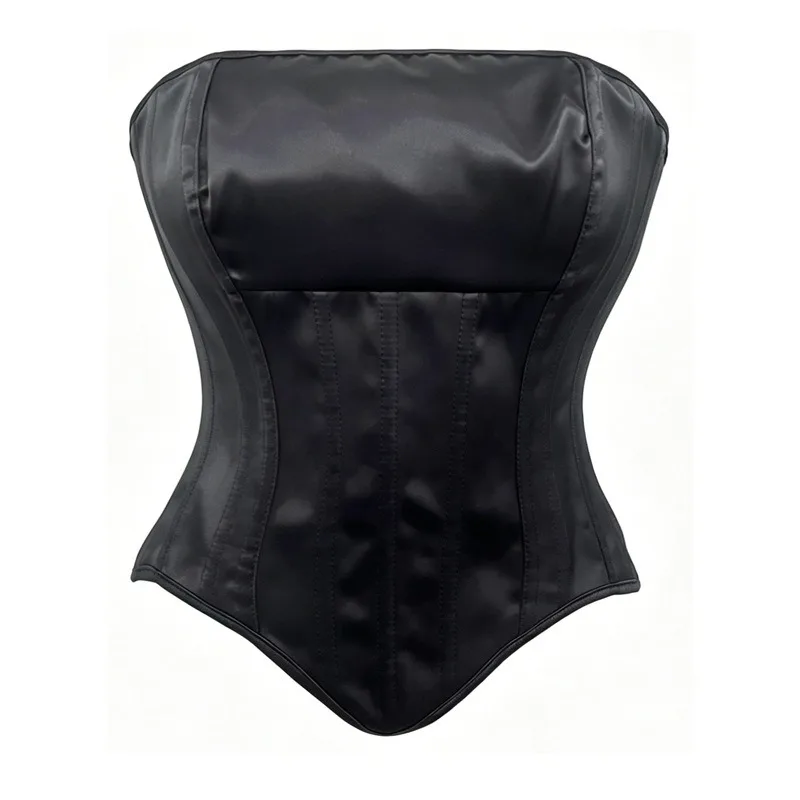 Black Satin Strapless Corset Solid Glossy Waist Trainer Pointed Hem Back Lace Up Body Shaper