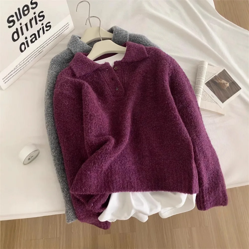 Lapel Knitted Sweater for Women, Colored Wool, Lapel, Sticky Buttons, Purple Polo\'s Sweater