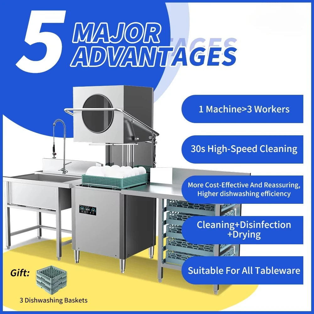 Fully Automatic Smart LCD Dishwasher Stainless Steel Commercial Hood Type Dishwasher for Restaurant