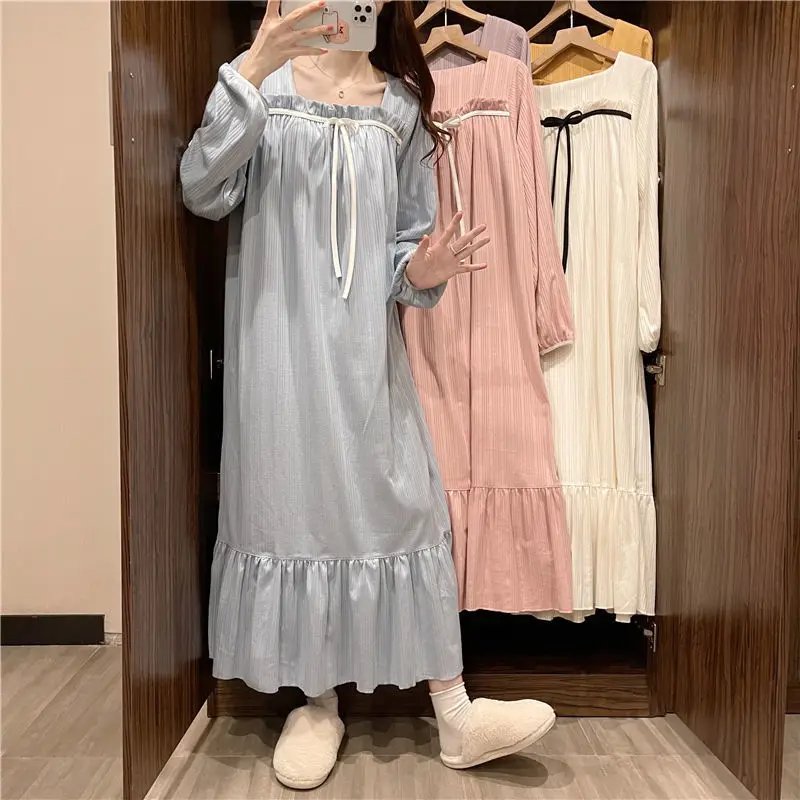 Spring Nightdress Cotton Long Sleeve Comfy Nightgowns Sleepshirt Solid Autumn Sweet Dressing Gown Nightwear Home Clothes Pajamas