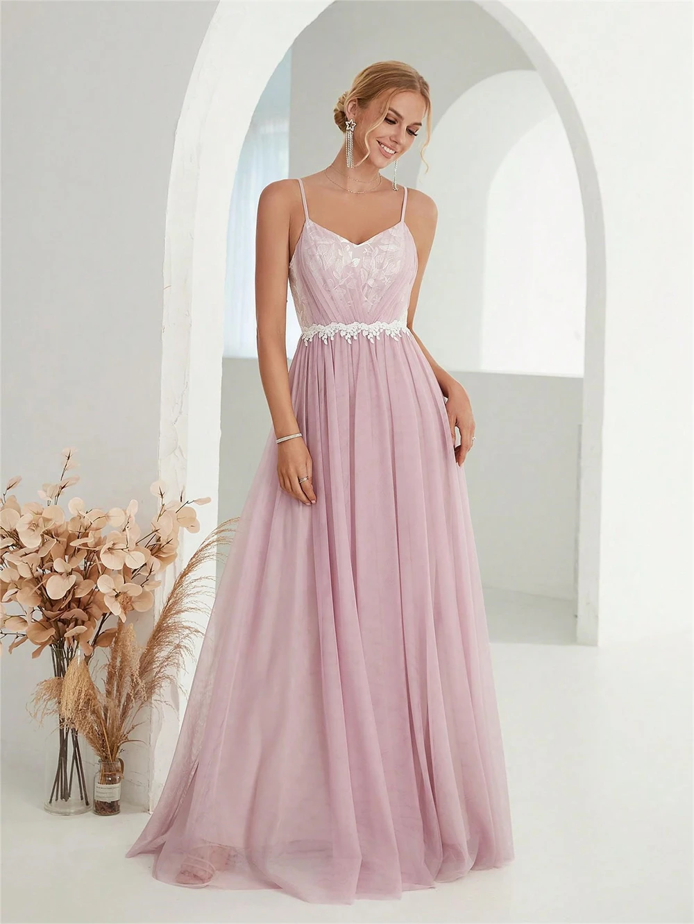 Elegant Dusty Rose A Line Long Dress Evening 2024 Spaghetti Straps Appliques Tulle Women Formal Gowns For Wedding Party