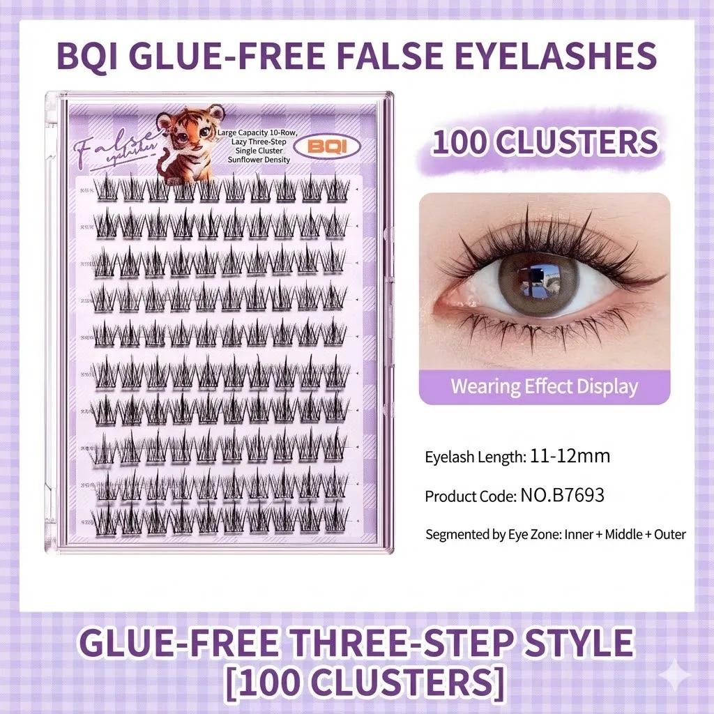 BQI 10 Rows No Glue Individual Lashes Lazy Trilogy Sunflower Cluster Voluminous Self-Adhesive Eyelashes for Beginners