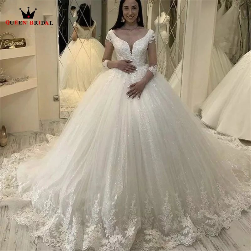 Elegant Plus Size Ball Gown Weddding Dresse V-neck 3 4 Sleeve Tulle Lace Appliques 2023 Fashion Formal Bridal Gowns SD53