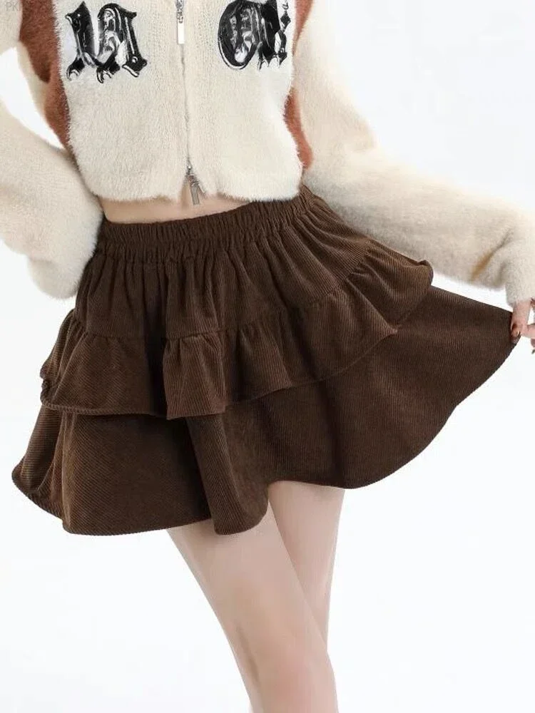 Solid Casual Corduroy Cake Skirt Women Flounces Y2k France Vintage Skirt Female Elastic Elegant Party Mini Skirt Faldas Mujer