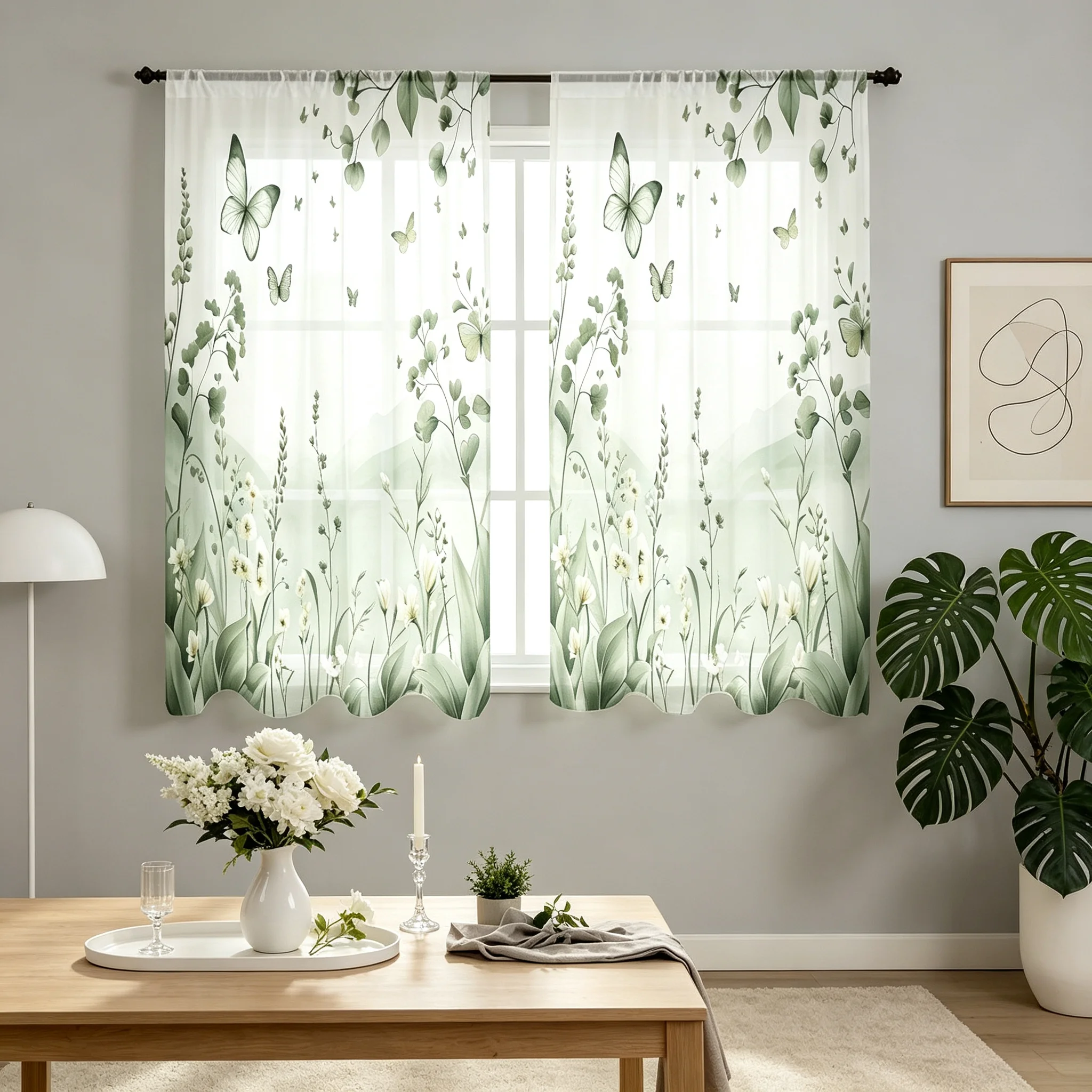 2D Plane 2-Pack Spring Summer Gauze Curtains Tranquil Green White Floral Design Semi-Transparent Butterfly Eucalyptus Pattern Po