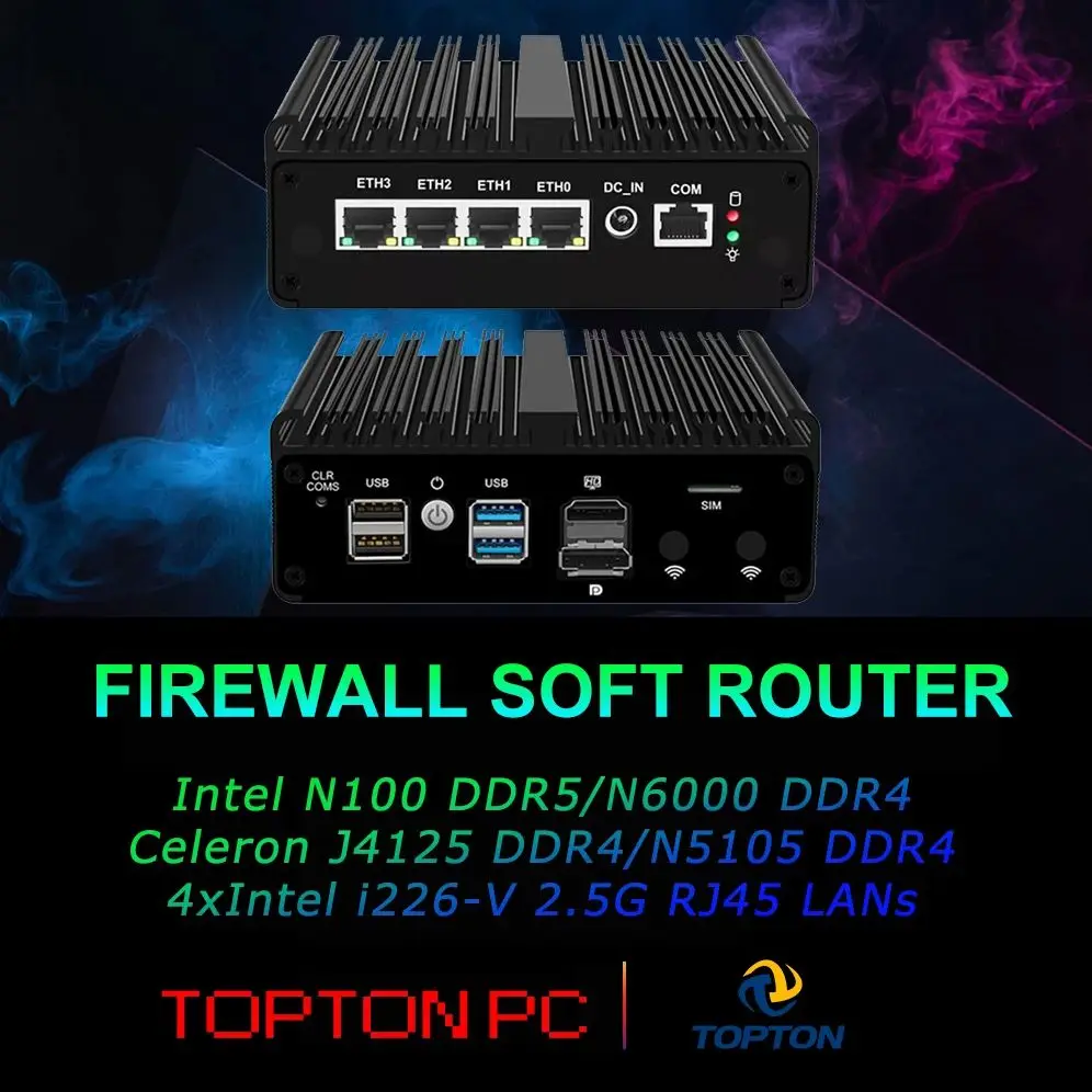 Firewall-apparaat zonder ventilator Intel N150 N5105 N6000 Quad Core, Firewall Mini PC 4xIntel i226 LAN-poorten Gateway PC RJ45 COM-console