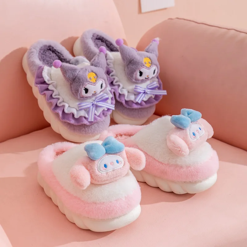 Kuromi Child Cotton Slippers Autumn Winter Girl Cute Keep Warm Kawaii Cartoon Indoor Slippers Parent-Child Home Furry Slippers