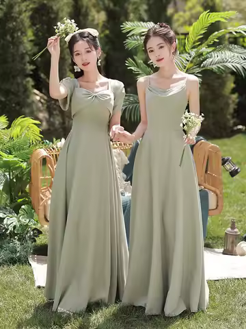 Green Bridesmaid Dress for Women Temperament Off Shoulder Slimming Evening Dresses Summer Performance Camisole Party Gowns