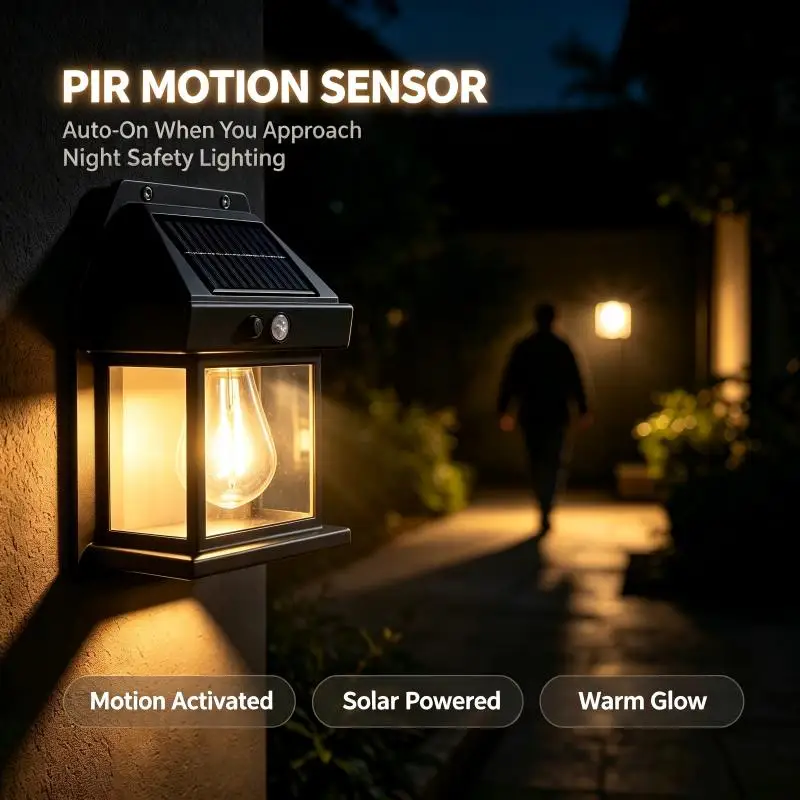 Solar Induction Wall Lights 600LM LED Filament PIR Motion Sensor IP65Waterproof 1800 mAh 3 Modes Dusk to Dawn Garden Patio Yard