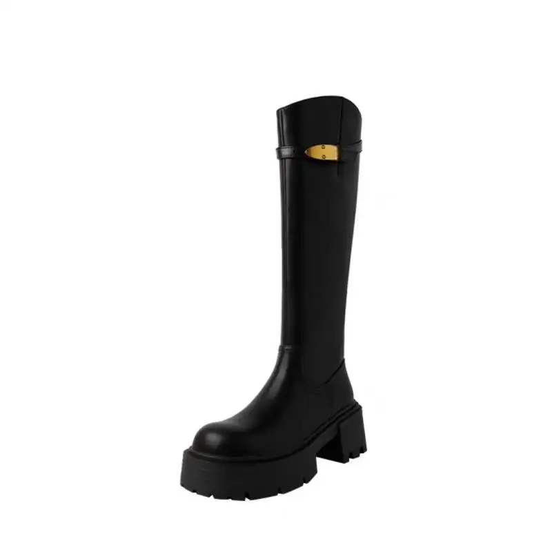 Women Knee High Boots Buckle Strap Chunky Platform Long Boots Autumn Winter Round Toe Side Zip Riding Knight Boots Shoes