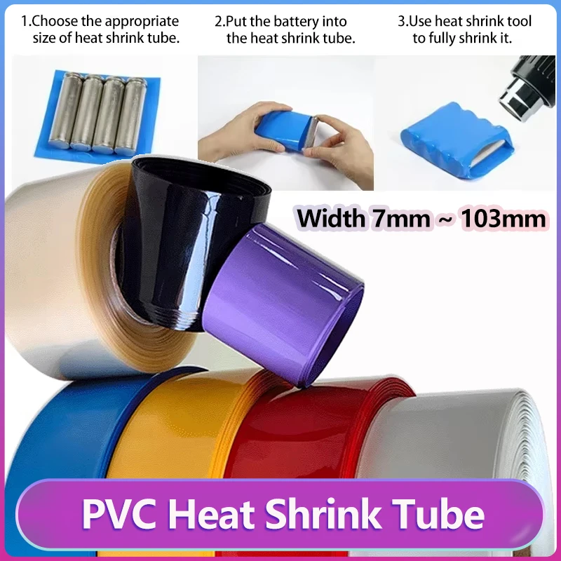 

Width 7~103mm PVC Colourful Heat Shrink Tube 18650 Lipo Battery Pack Insulated Film Wrap Lithium Case Protection Cable Sleeve