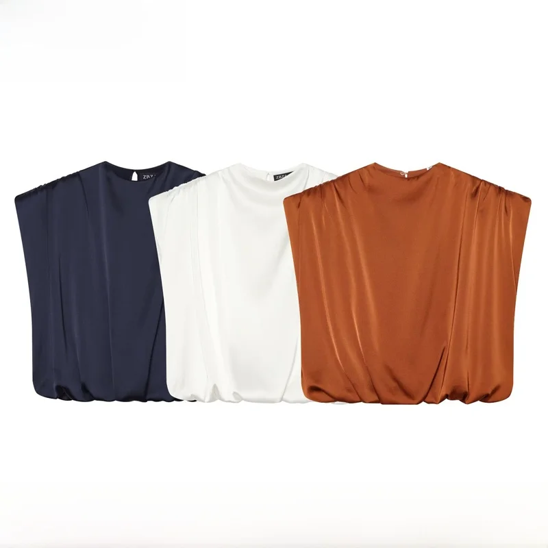 Spring Summer New Women's Fashion Shoulder Pad Sleeveless High Collar Top Versatile Polyester Standard Fit T-Shirt