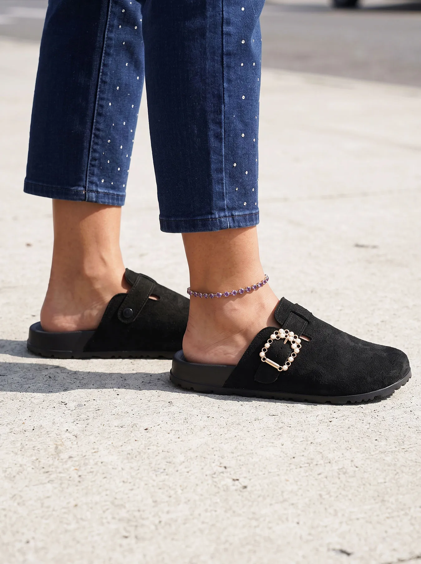 Men Plus Size Suede Mules Clogs Pearl Buckle Slip On Fashion Casual Comfortable Elegant Versatile Thick Sole Shoes 32-50