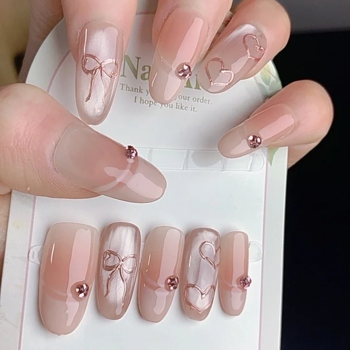 10pcs Handmade Sweet Pink French Press On Nails Almond Bow Heart False Nails Cute Girl Rhinestone Reusable Fake Nails