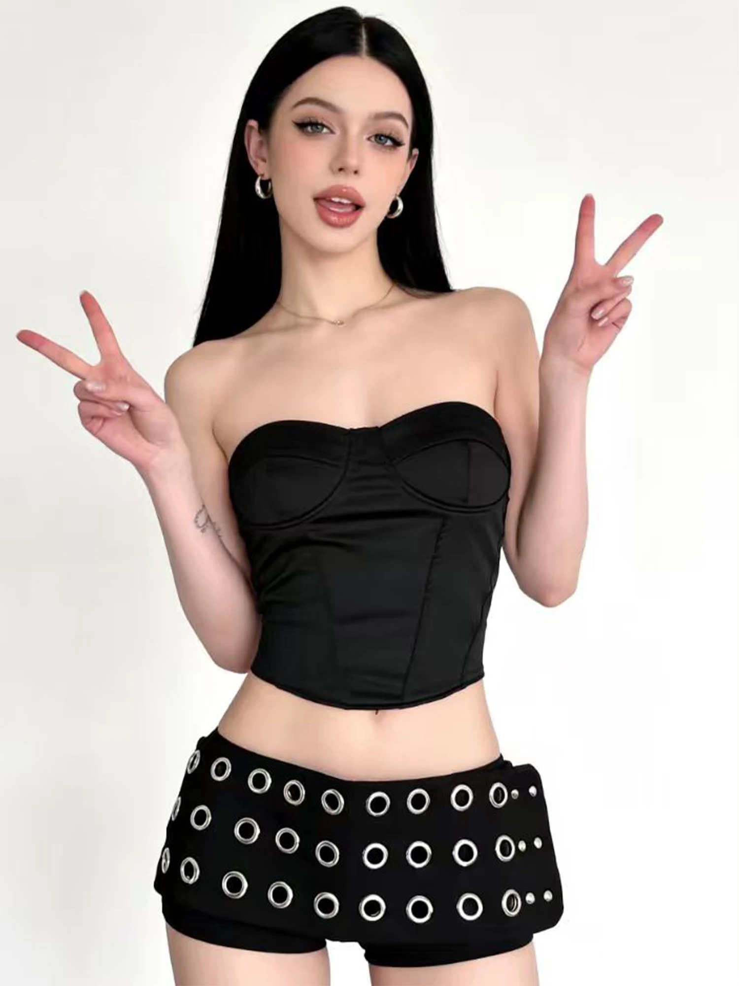 Women's Black Gothic Emo Punk Hollow Low Waist Mini Shorts Slim Fitted Micro Short Pants Stylish Casual Street Trendy Hot Pants