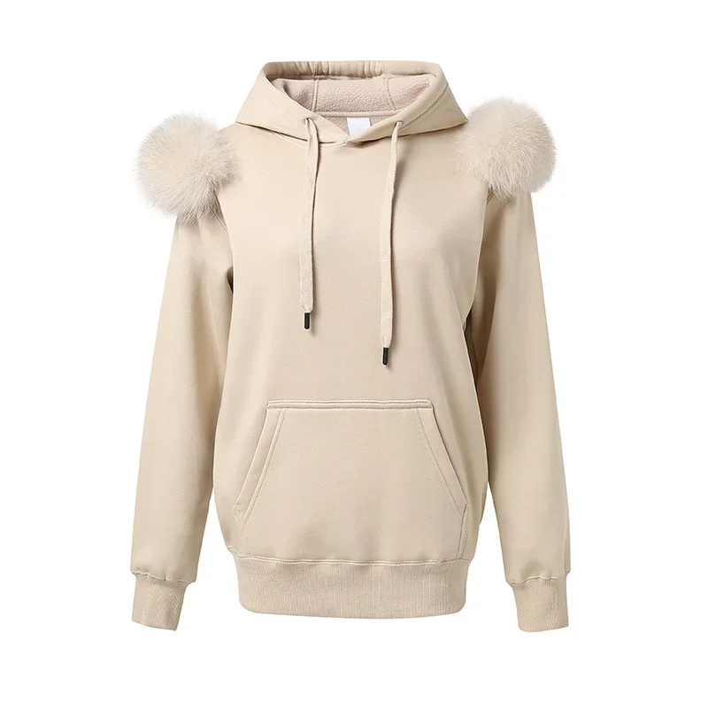 

2022 New Arrival Autumn Winter Hoodie Women Fleece Pullover With Hood Real Fox Fur Lady Coat Jackets S5185