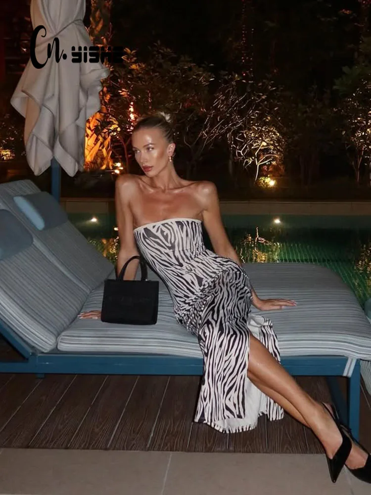 

CNYISHE Zebra Stripes Printed Strapless Hip Wrap Outfits Sexy Club Women Dresses Split Fashion Female Bodycon Vestidos Robes