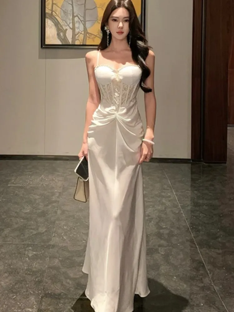 

Womens Elegant Party Long Dresses Sleeveless Spaghetti Strap Backless Wedding White Dress Luxurious Evening Mujer Veranoa 2025