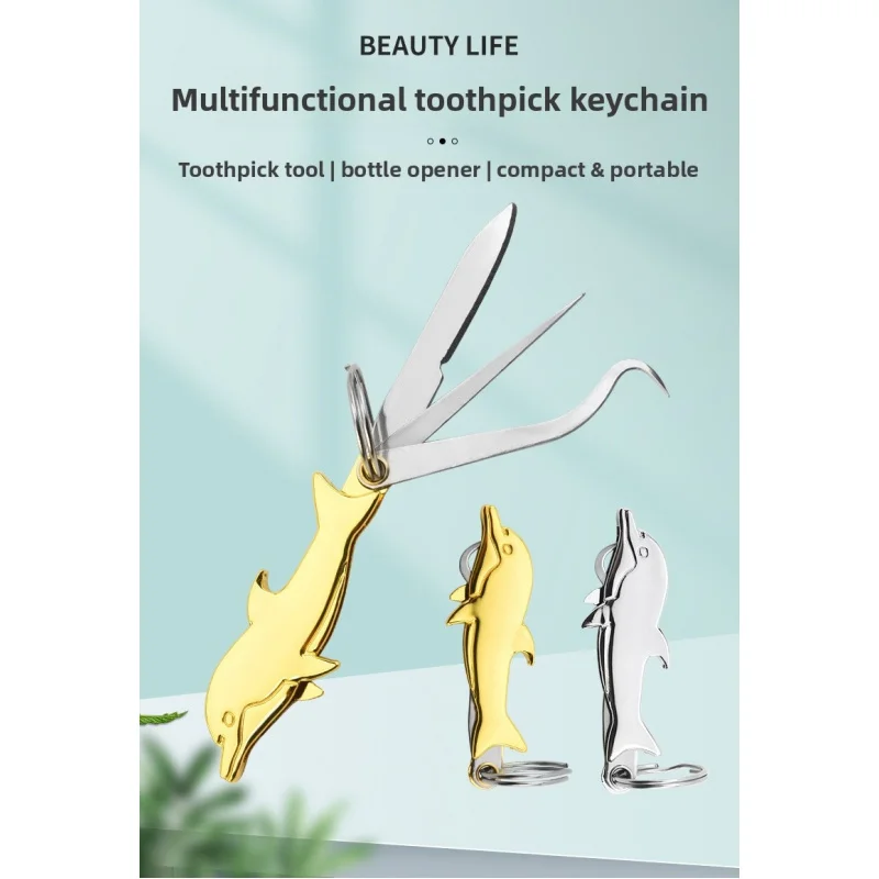 Dolphin Shaped Stainless Steel 3-in-1 Tool Keychain, Dental Pick Probe, Box Cutter & Beer Bottle Opener