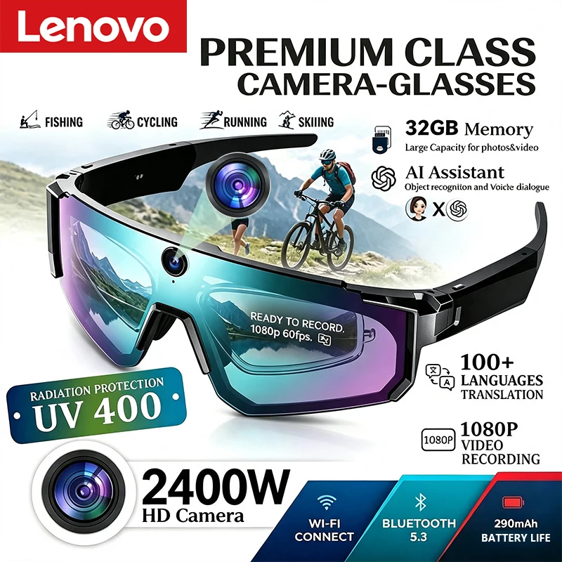 Lenovo AI Smart Glasses ChatGPT 8K Anti-shake Camera 2400W Cycling Video&Photo Sport Sunglasses DualMic 32GB Windproof Goggles