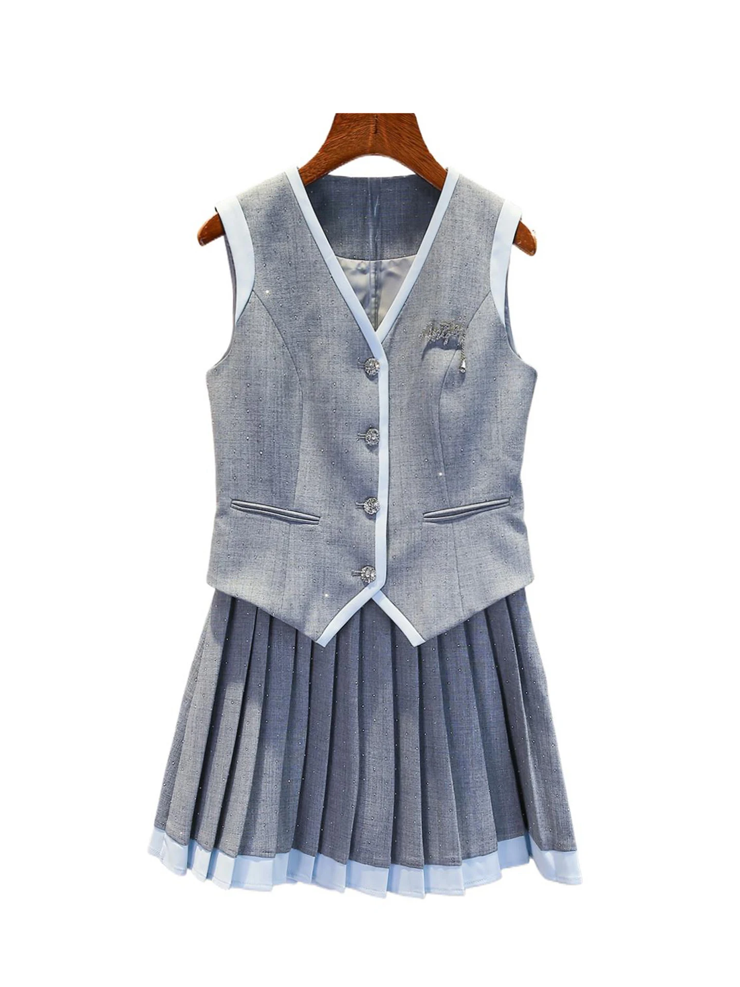 Conjunto Faion de mujer Autumnal College Sle de gama alta con chaleco V-Ne y falda plisada de Nan You ort Sve Button up