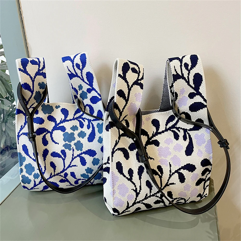 

Handmade Knit Handbag Women Mini Knot Wrist Bag Japanese Ldyllic Branches and Leaves Tote Bag Student Reusable Shopping Bags