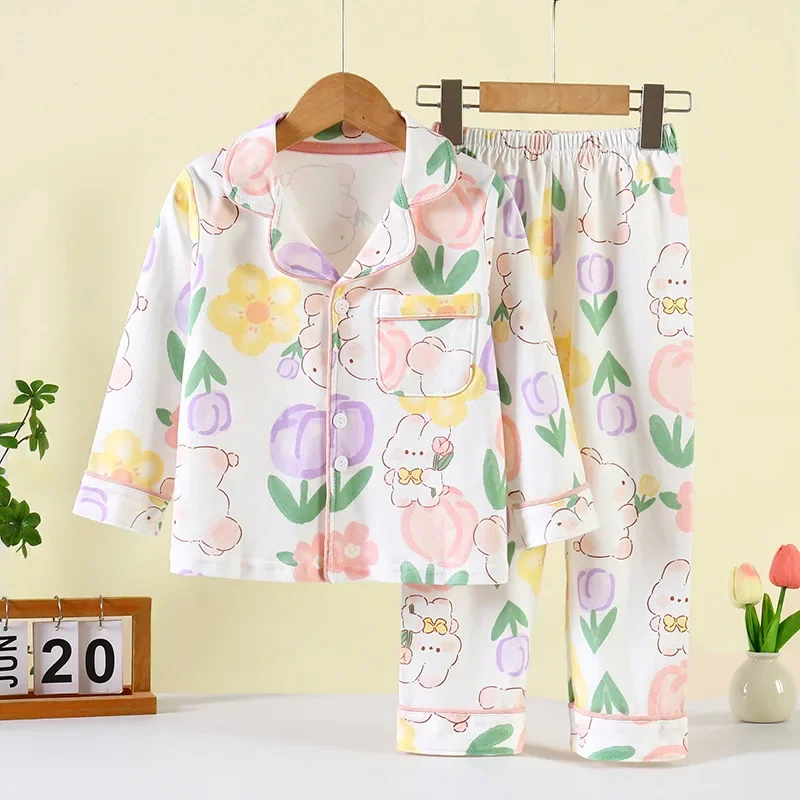New 2025 Spring Boys Girls Cute Cartoon Pajamas Home Wear Kids Casual Long Sleeve Lapel Pyjamas Teen Sleepwear Clothing Sets