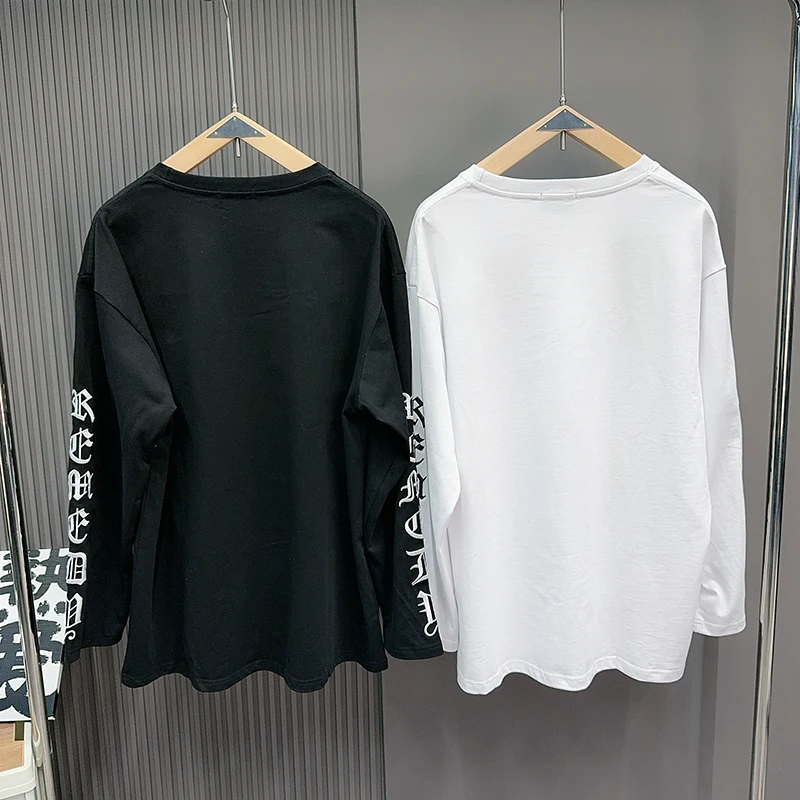 Sleeve Embroidery Gothic Font Long Sleeve T Shirt Men Women Black White Streetwear T-shirt Trendy Vintage Round Neck Tops Tee