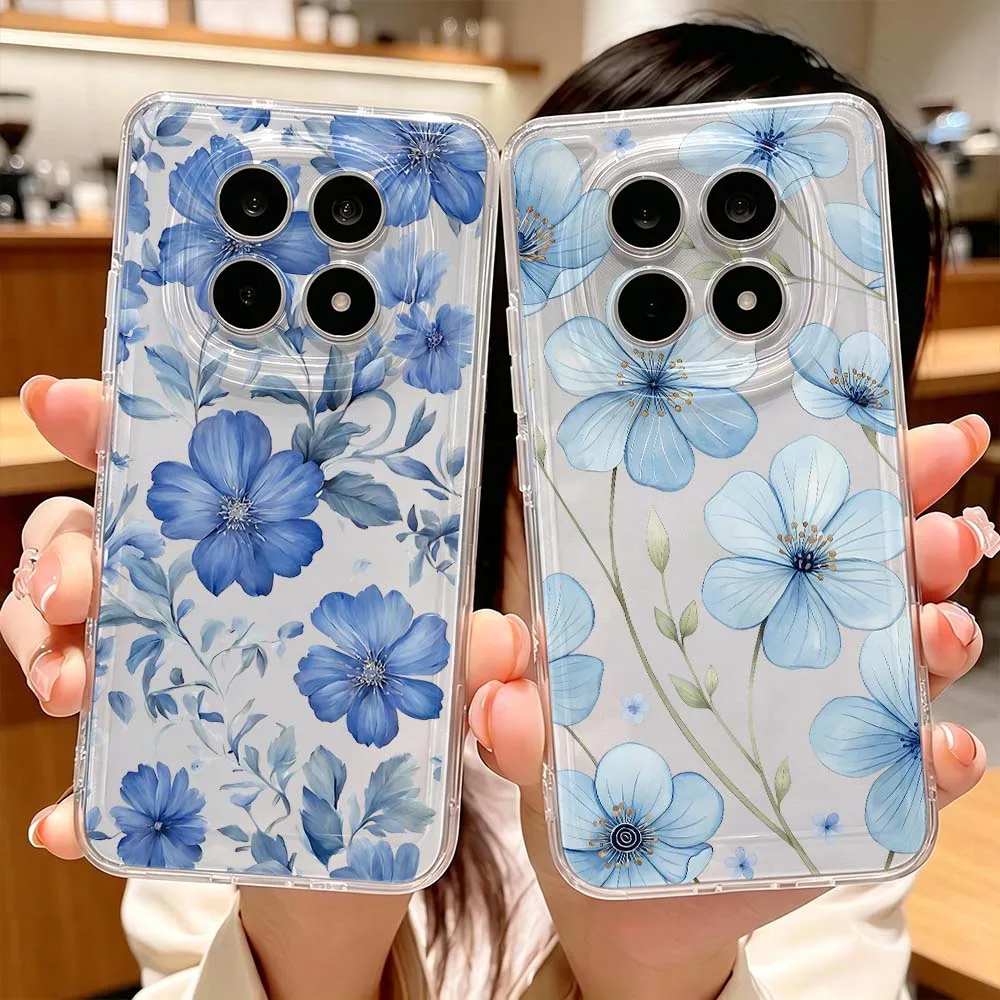 Blue Watercolor Floral Pattern Phone Case For Xiaomi POCO X7 X6 X5 F7 F6 F5 F4 M8 M6 C85 C71 Pro Protective Transparent Cover
