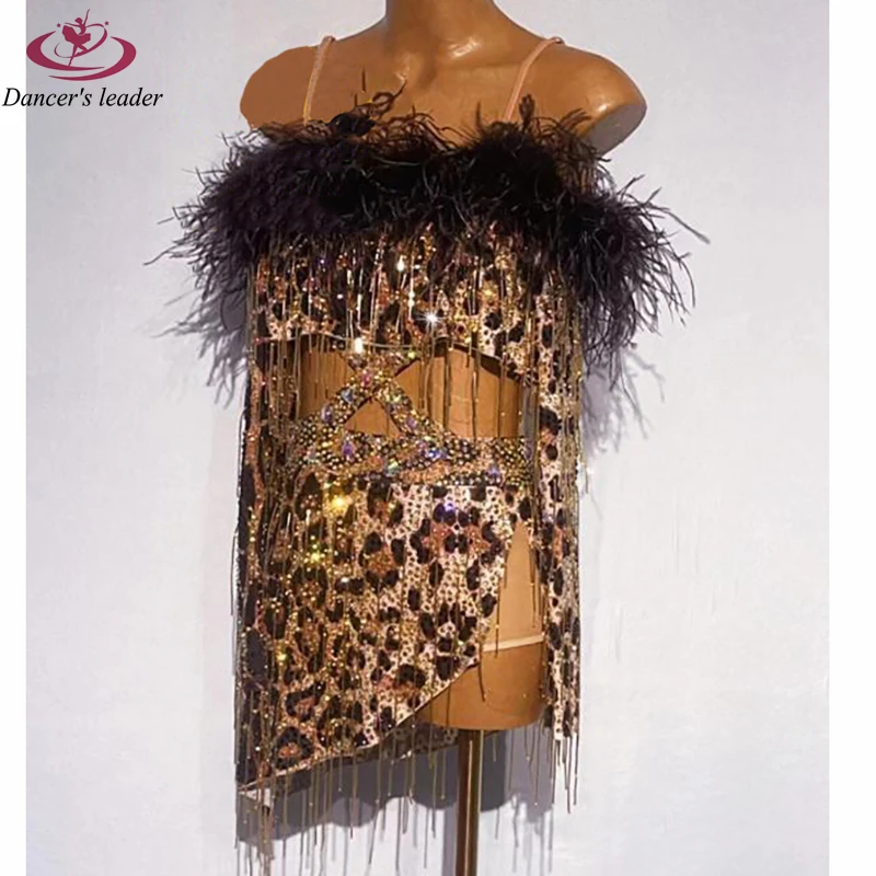 Latin Dance High-end Custom Sling Ostrich Fur Leopard Pattern Performance Dress Cha Tango Female Adult Stage Professional Dress