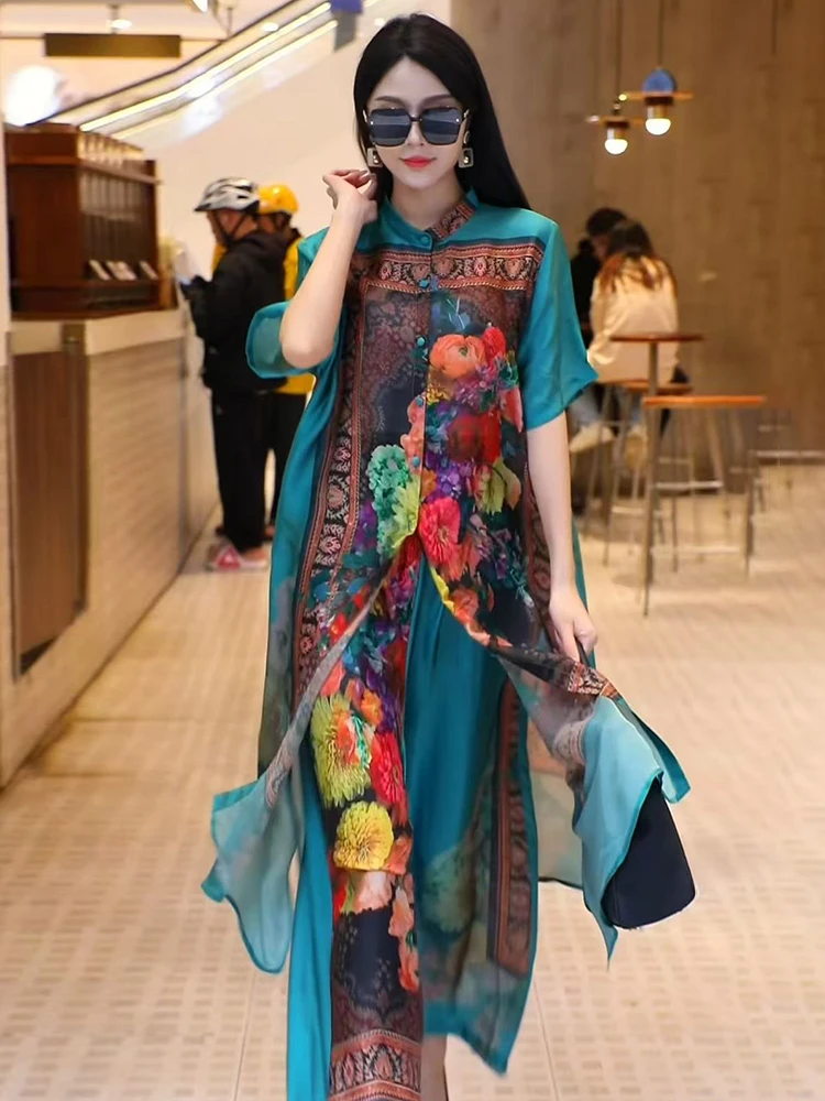 Retro Large Size Floral Print Open Cardigan Loose Wide Leg Pants Ele Faionable Two-Piece Set for Women over 35