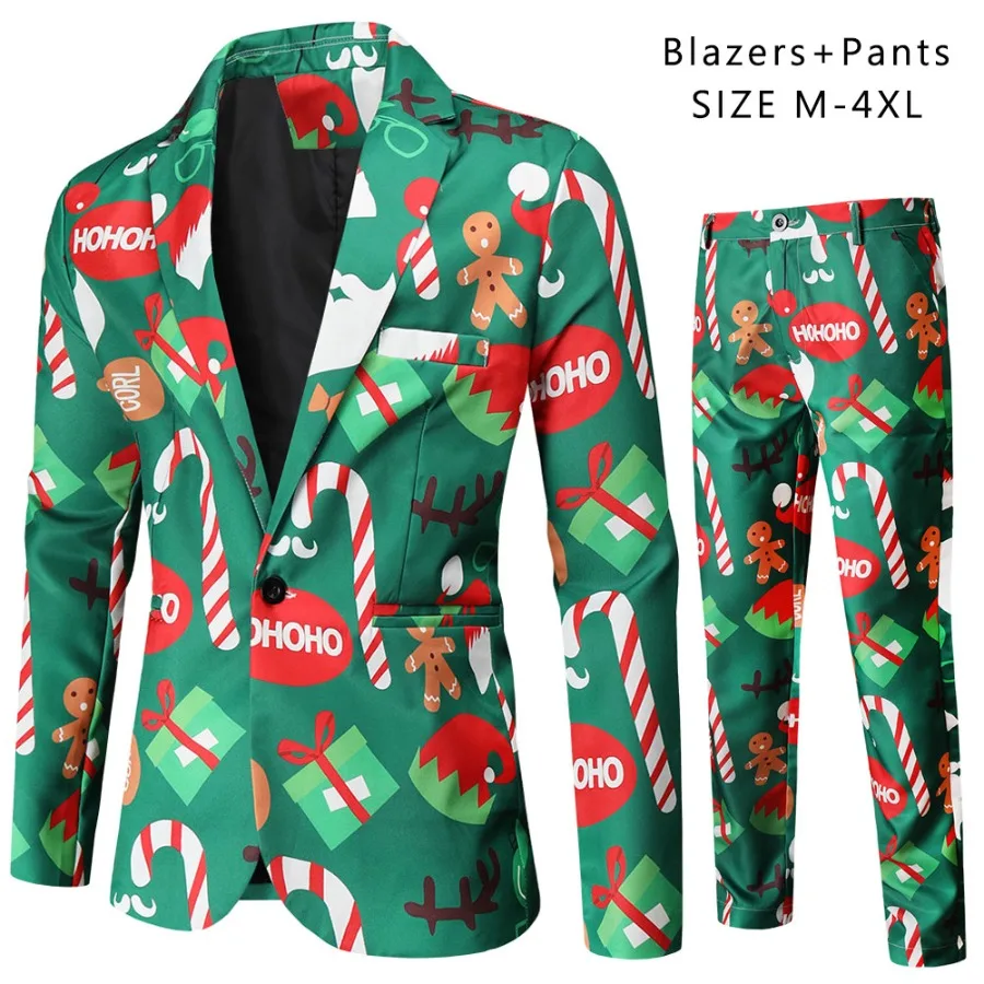 حفلة عيد الميلاد الرجال قطعتين منتظم صالح البدلة مجموعات ندفة الثلج سانتا كلوز المطبوعة سترة السراويل الرجال الزي الرسمي لعيد الميلاد