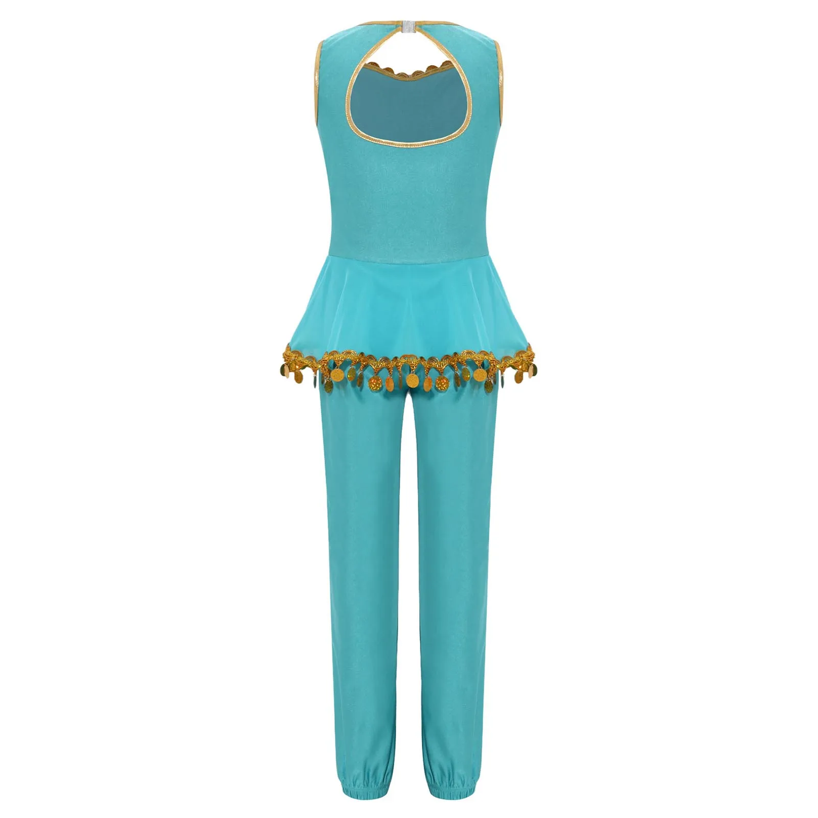 Girls Arabian Princess Costume Jumpsuit Child Sequins Tassel Mesh Peplum Pageant Romper Halloween Indian Belly Dance Bodysuit