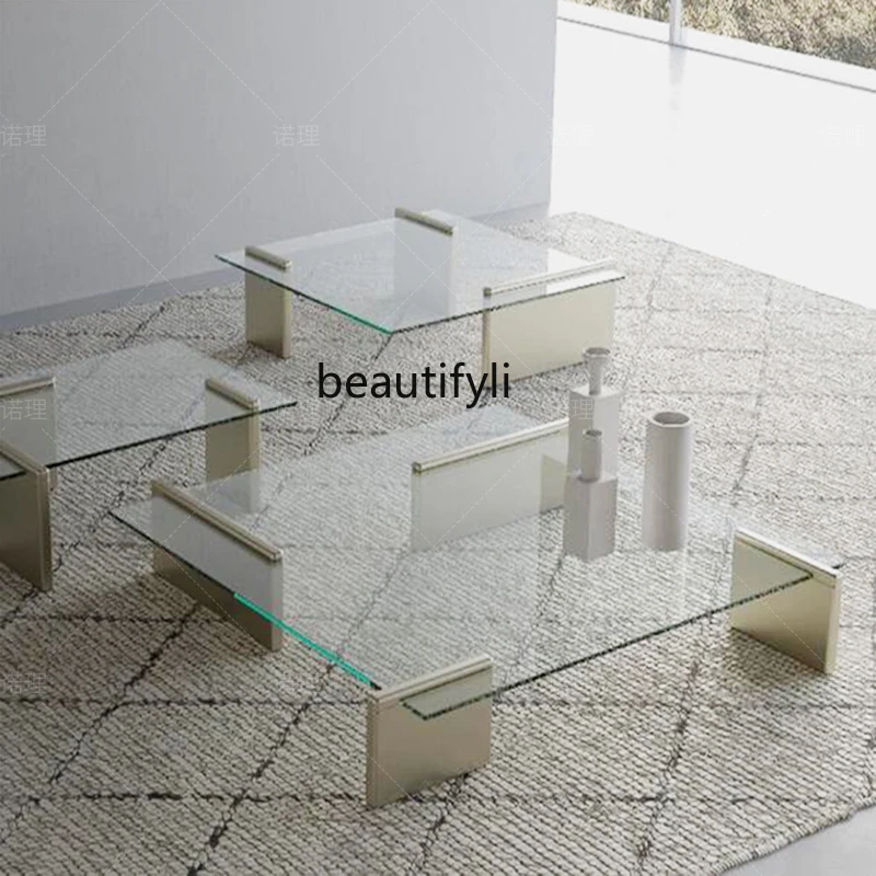 Nordic natural marble living room coffee table light luxury Italian style, transparent tempered glass low coffee table